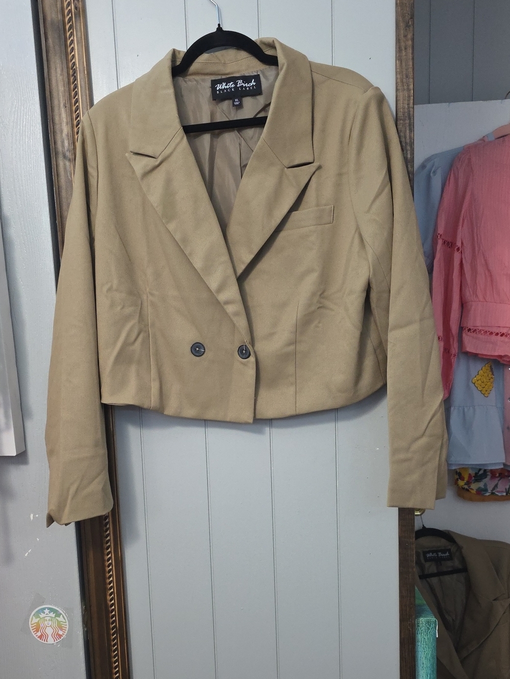 white birch Cropped Tan Double-Breasted Blazer
